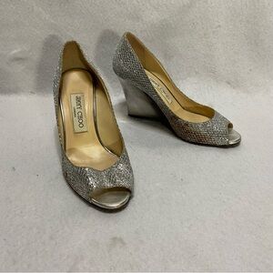 Jimmy Choo Baxen Silver Sparkle Wedges Peep Toe Heel 36